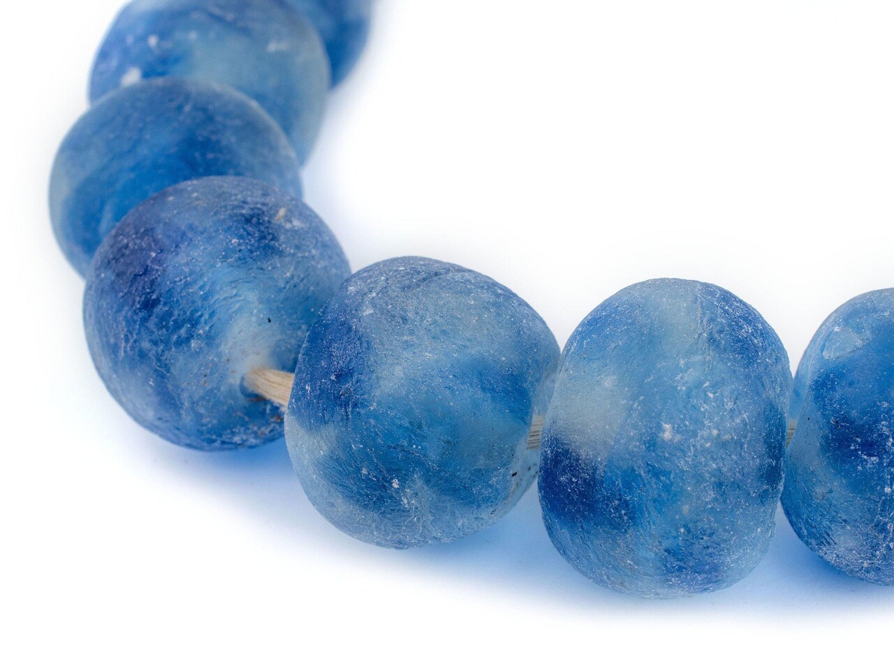 Super Jumbo Recycled Glass Beads - Beaded Wall Hangings - Extra Large African Sea Glass Beads 32-35mm - The Bead Chest (Blue Swirl)